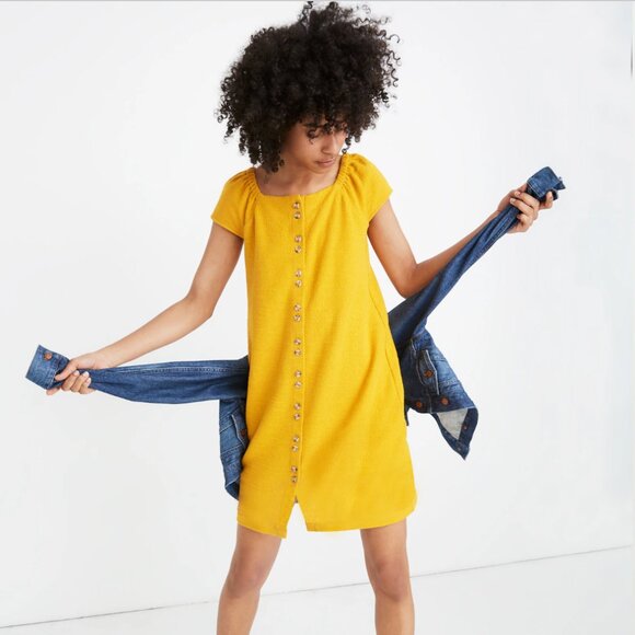 Madewell Dresses & Skirts - Madewell Texture & Thread Mustard Yellow Button Front Shift Dress Cap Sleeves L